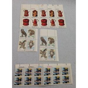 USPS Vintage 15c Stamp Lot Owls Folk Art Christmas Plate Blocks Excellent Multi